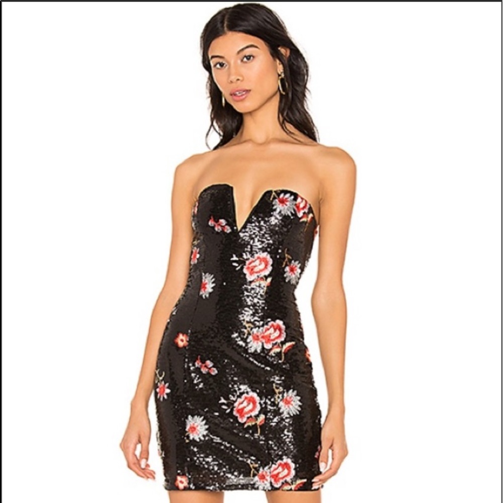 About Us Black Sequin Floral Embroider Mini Dress